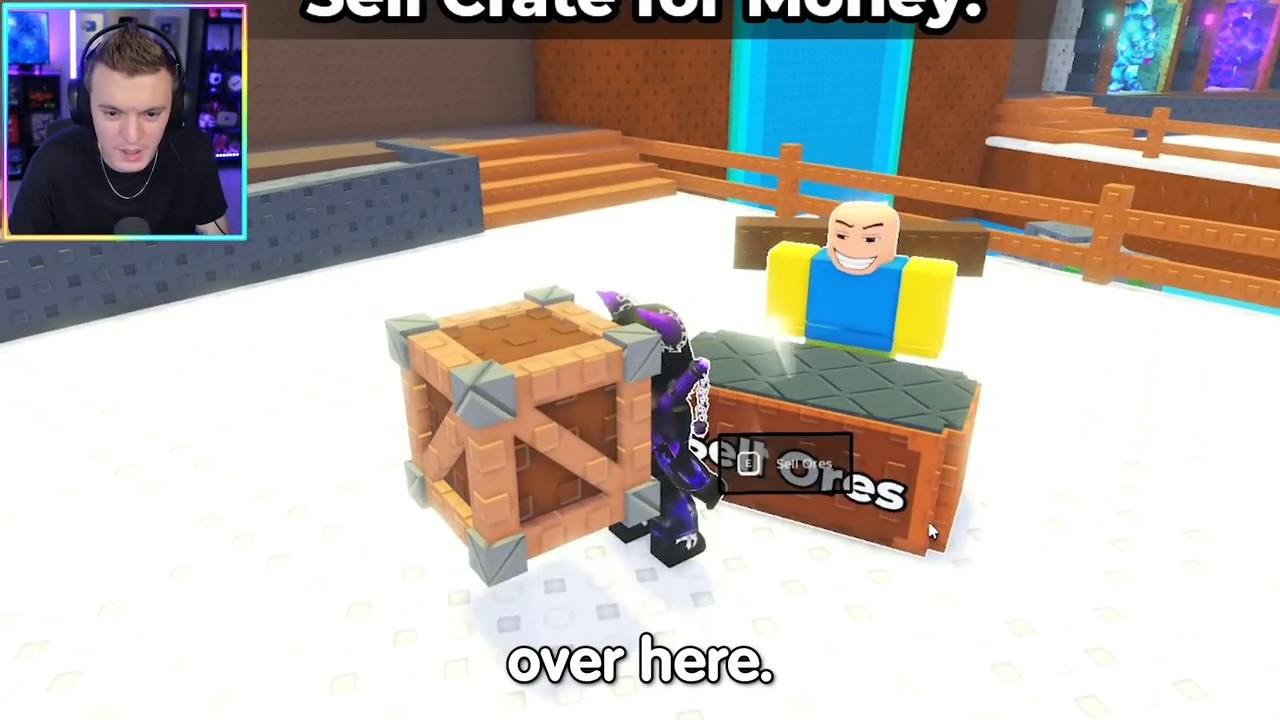 A player holding the wooden crate stands at the Sell Ores counter with the E Sell Ores prompt.