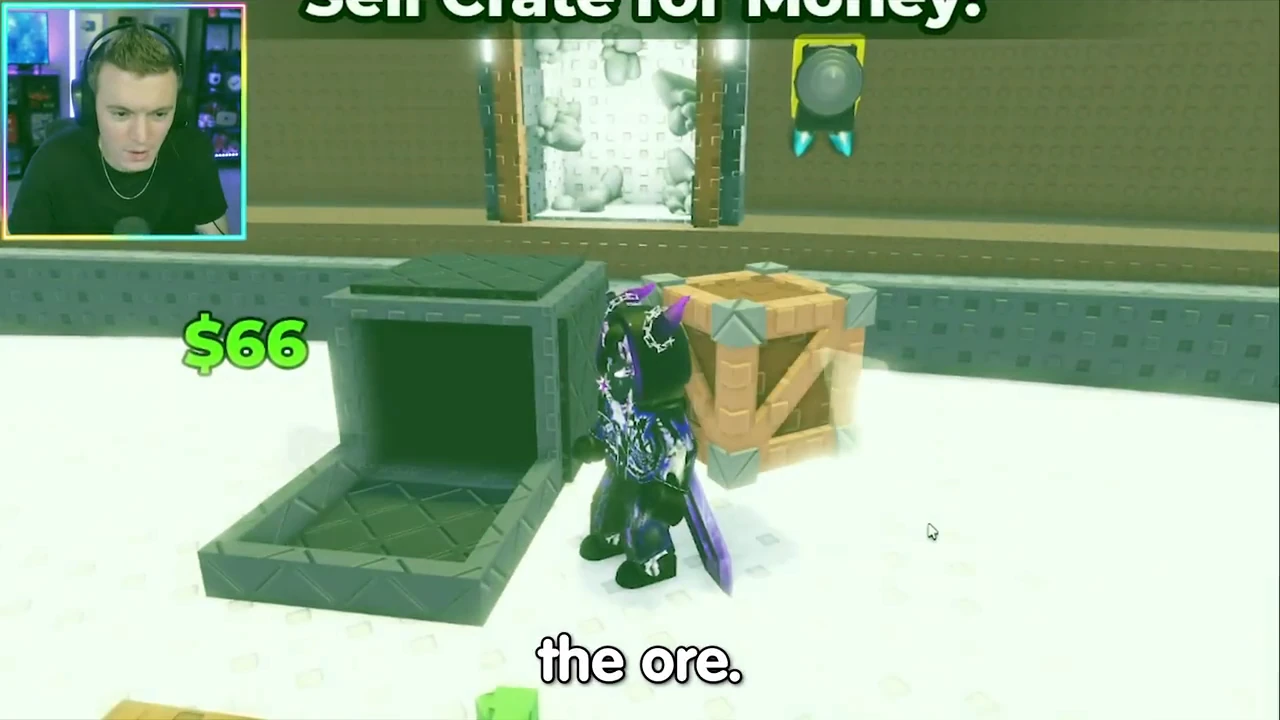 The player carries a wooden crate in front of the active mining compartment.