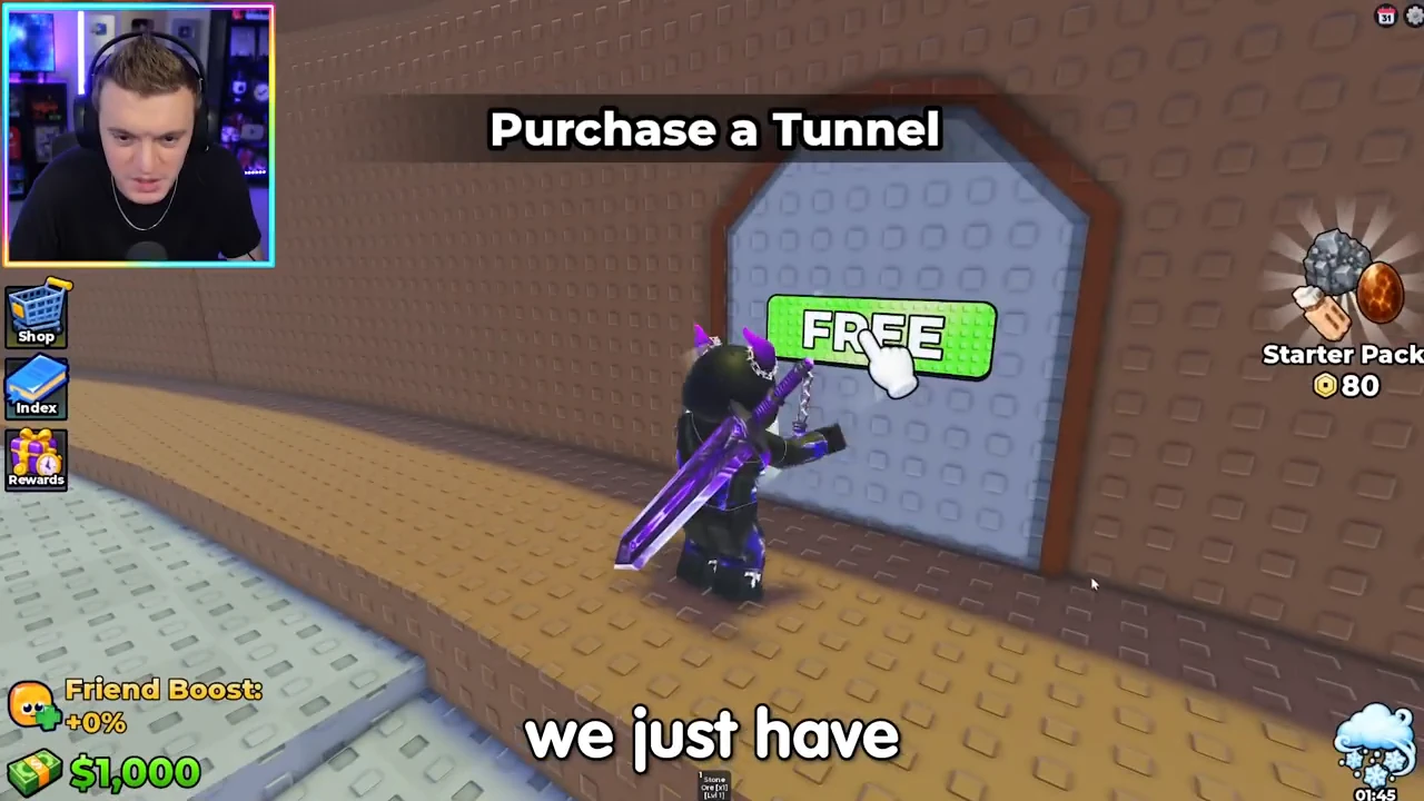 The first tutorial tunnel shows FREE while the Stone Ore is in the inventory.