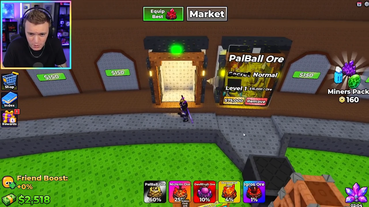 Placed PalBallOre displays Secret Normal, Level 1 and $15,000 / Ore while the wallet is $2,518.