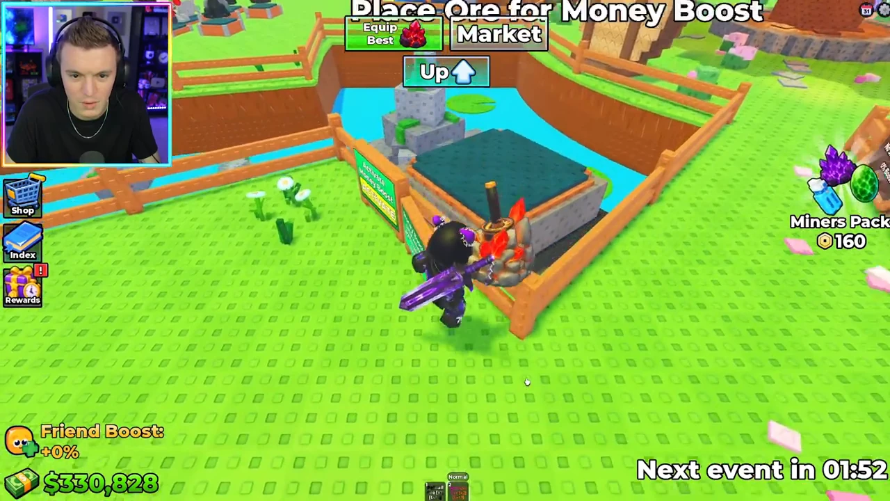 Player holding Nichirin ore beside the empty platform labelled Place Ore for Money Boost.