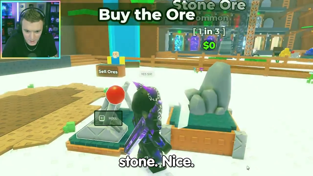 Stone Ore on the roll pedestal is labelled Common, 1 in 3 and $0 during the tutorial purchase step.