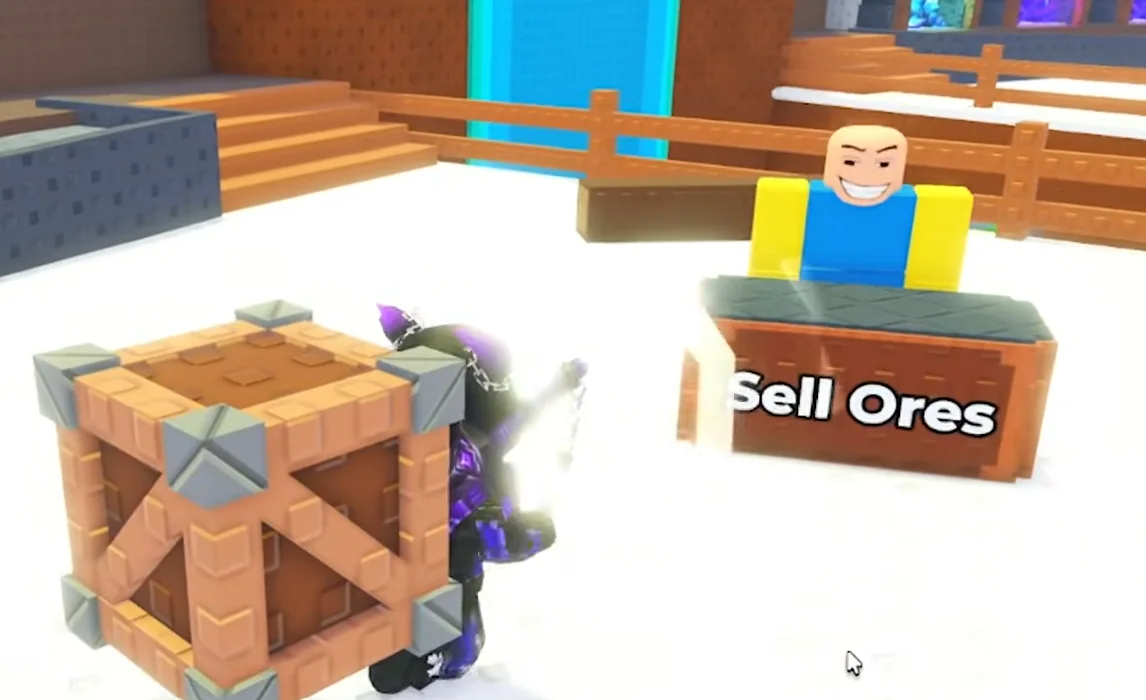 Sell Ores player carrying a mined crate to the merchant counter